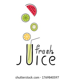 Word Juice on a white background. With a glass of juice and different fruits. Summer bright background. Vector illustration