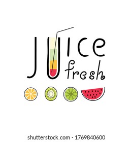 Word-Saft auf weißem Hintergrund. Mit einem Glas Saft und verschiedenen Früchten. Sommer, heller Hintergrund. Vektorgrafik