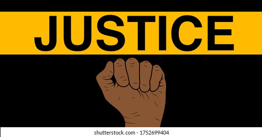 word justice against black background with brown fist below