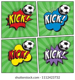 word kick and soccer ball in pop art style on background with radial lines