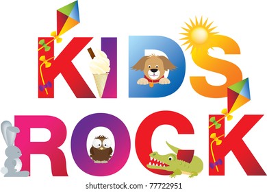 The word kids rock  made up from alphabet cartoon letters with matching animals and objects