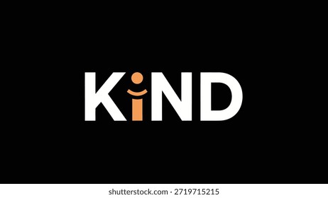 La palabra KIND se presenta en una tipografía en blanco y negrita sobre un fondo negro. La letra 'i' está estilizada con un naranja abstracto
