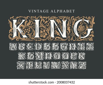 The word KING. Luxury design of ornate royal typeface for monogram, card, invitation, logo, label, signboard. Vintage Alphabet. Vector set of hand-drawn initial alphabet letters on a black background