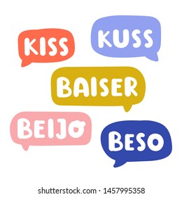 Word kiss in different languages. Multilingual concept. Set of hand drawn vector icon illustrations on white background.