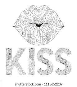 Word KISS with lips silhouette for coloring. Vector decorative zentangle object