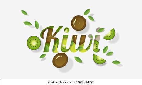 Word kiwi design decorated with kiwi fruits and leaves in paper art style , vector , illustration