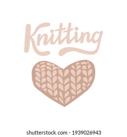 
word knitting and knitted heart on the white background