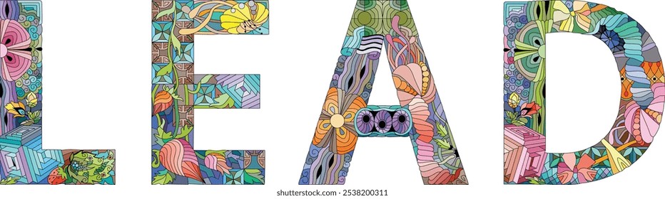 Word LEAD. It is a chemical element. Vector zentangle object for decoration