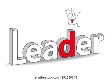 Word "Leader" in a 3d style with Joe the businessman. Ideal for a title. It illustrates the concept of the Leader