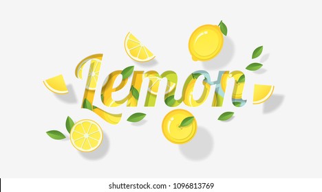 Word lemon design decorated with lemon fruits and leaves in paper art style , vector , illustration