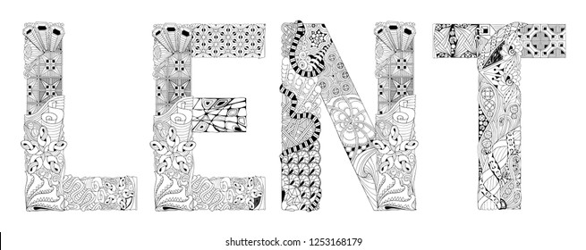 Word LENT for coloring. Vector decorative zentangle object