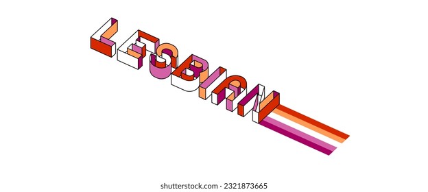 A word "LESBIAN" 3 dimensions text with queer flag color.