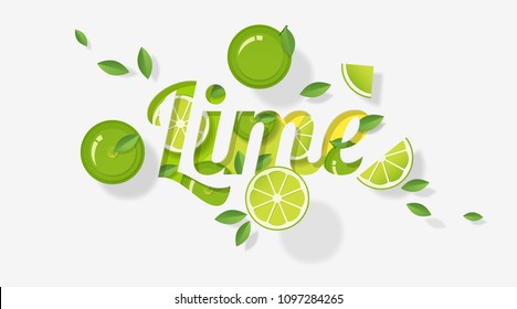 Word lime design decorated with lime fruits and leaves in paper art style , vector , illustration