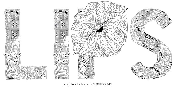 Word LIPS with lips silhouette . Vector decorative zentangle object for coloring