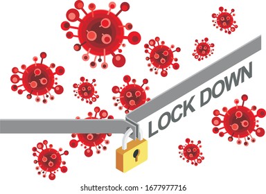 La palabra "bloqueo" con la ilustración de bloqueo y virus. Bloqueo para evitar la propagación del virus de la corona Covid-19