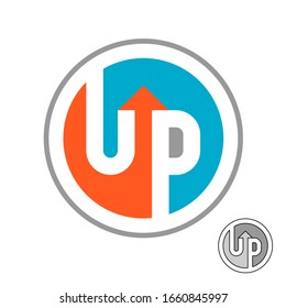 Up word logo with arrow. Round symbol with negative space. Letters U and P symbol.