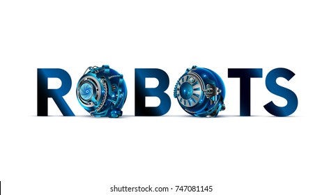 The word or logo  ROBOTS with mechanical letters on white background in the style of cyberpunk. The letter O in the style of the details of the cybernetic mechanism or robot