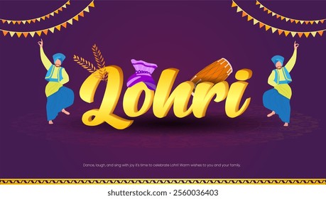  The word Lohri stands out in bold font Dancing figures in traditional attire wheat stalks a dhol  and colorful flags symbolize the joy harvest and music of the festival






