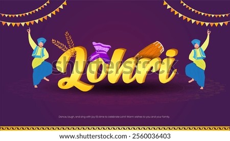  The word Lohri stands out in bold font Dancing figures in traditional attire wheat stalks a dhol  and colorful flags symbolize the joy harvest and music of the festival






