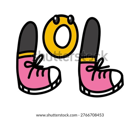 Word LOL made from Legs and Surprised emotion. Pair of feet in trendy pink Sneakers. Funny shocked Face. Colored Scribble doodle. Youth slang. Primitive infantile image. Isolated. Vector illustration