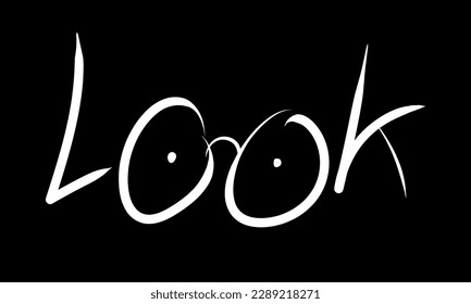 The word LOOK is written in the form of letters and glasses. The concept of a store of sunglasses or optics. Vector illustration., EPS 10. Minimalism, white image on a black background
