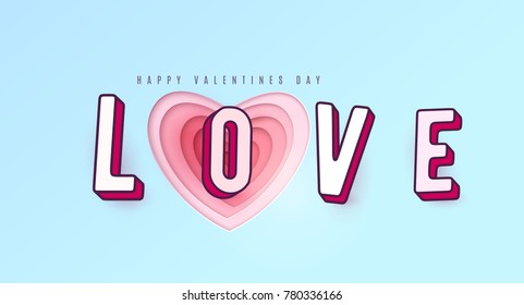 Word Love mit 3D-Effekt-Buchstaben. Heart-Papier schneiden mehrfarbige und rosa Schichten. Fröhliche Valentinstag Gruß. Auf hellblauem Hintergrund. Vektorillustration