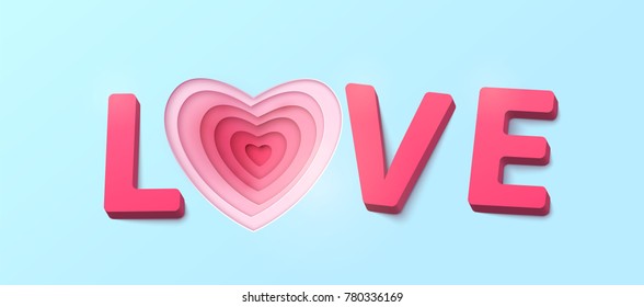 Word Love with 3d effect plastic letters. Heart paper cut multi red and pink color layers. Happy valentines day greeting. Realistic objects isolated on light blue background. Vector illustration