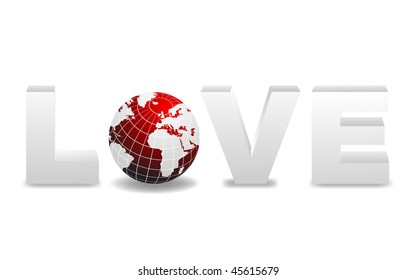 word Love with 3D globe replacing letter O