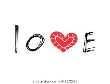 Word ''Love'' with abstract red heart on white background