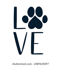 The word love, animal paw. Vector linear icon isolated on white background.