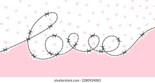 Word love from barbed wire. Razor wire. Concept background. Vector scalable graphics