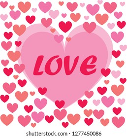 The word "love" in big heart with many hearts on white background.