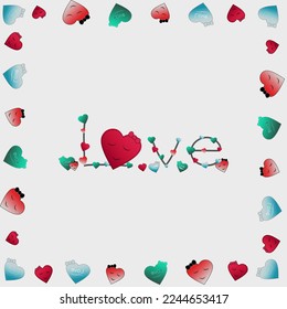 The word love with a big red head. Written in the center of a white piece of paper surrounded by colorful hearts.  Represents warm love and bright love.