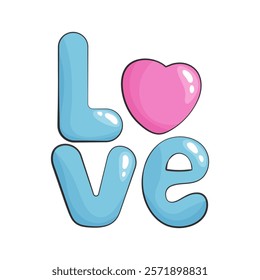 The word love. Blue letters and a pink heart in place of the letter O in cartoon style. Lettering illustration for poster, card, banner valentine day, wedding.