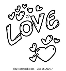 The word "LOVE" in a bold, playful font, surrounded by hand drawn hearts. Cute and romantic, perfect for Valentine's Day, love themed designs, or expressing affection