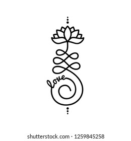 Word love and Buddhist symbol for life path with lotus flower 