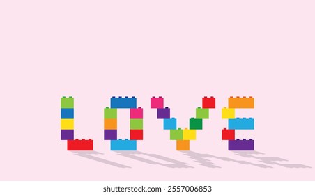 Word love built with multi-colored toy bricks, on pink background with copy space. Vector illustration