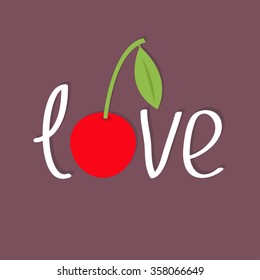 Word Love with cherry and leaf. Flat design Happy Valentines day card. Violet background. Vector illustration