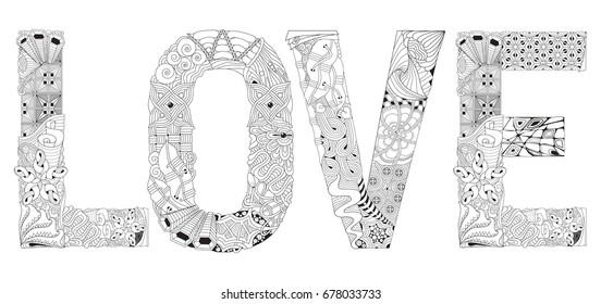 Word love for coloring. Vector decorative zentangle object