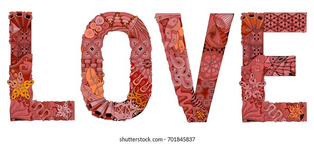 Word LOVE for coloring. Vector decorative zentangle object