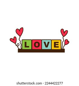 Word LOVE composed from colorful cubes and hearts on white backg