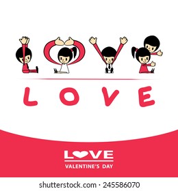 Word "Love" composed of young man cartoon and women cartoon. Isolated on white background.