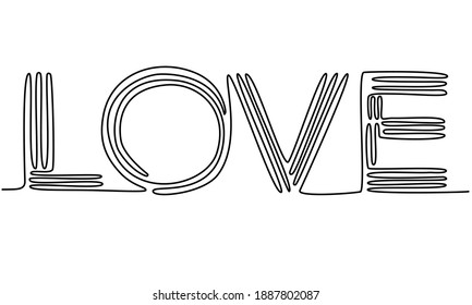 Word Love Continuous line. Valentine's Day, wedding, etc.  Hand drawn single line letters. Love romantic design concept. Linear sketch letter. Trendy minimalist style. Vector illustration.