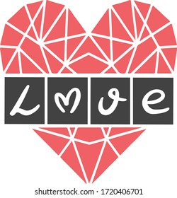 the word love in the crossword style, lettering, in a geometric coral heart, print, decor for greeting cards, invitations, banners, posters, accessories for Valentine's day, wedding day, mother's day