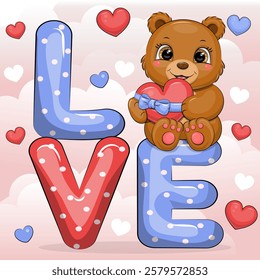 Word Love and cute cartoon brown bear with red heart. Vector illustration on a light red background with hearts.