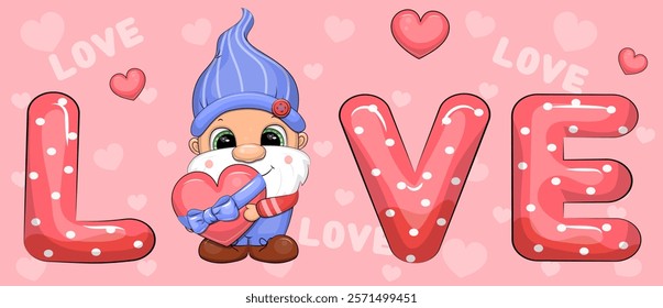 Word Love and cute cartoon gnome with big heart. Vector illustration of dwarf man on red background with hearts.