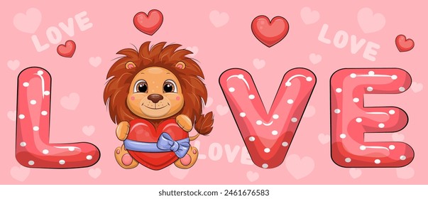 Word Love and cute cartoon lion with red heart. Vector illustration on red background with hearts.