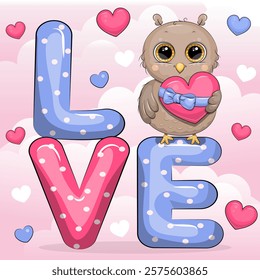 Word Love and cute cartoon mouse with heart. Vector illustration on pink background with hearts.