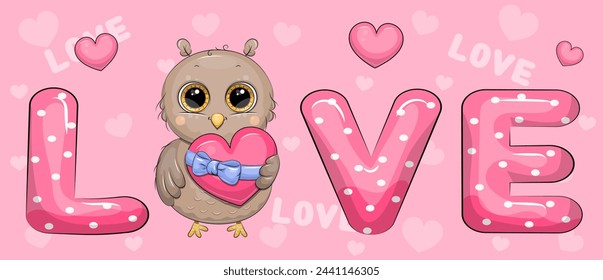Word Love and cute cartoon owl with pink heart. Vector illustration on pink background with hearts.