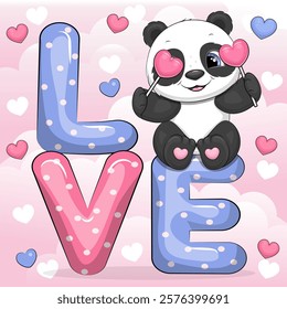 Word Love and cute cartoon panda with heart. Vector illustration on pink background with hearts.